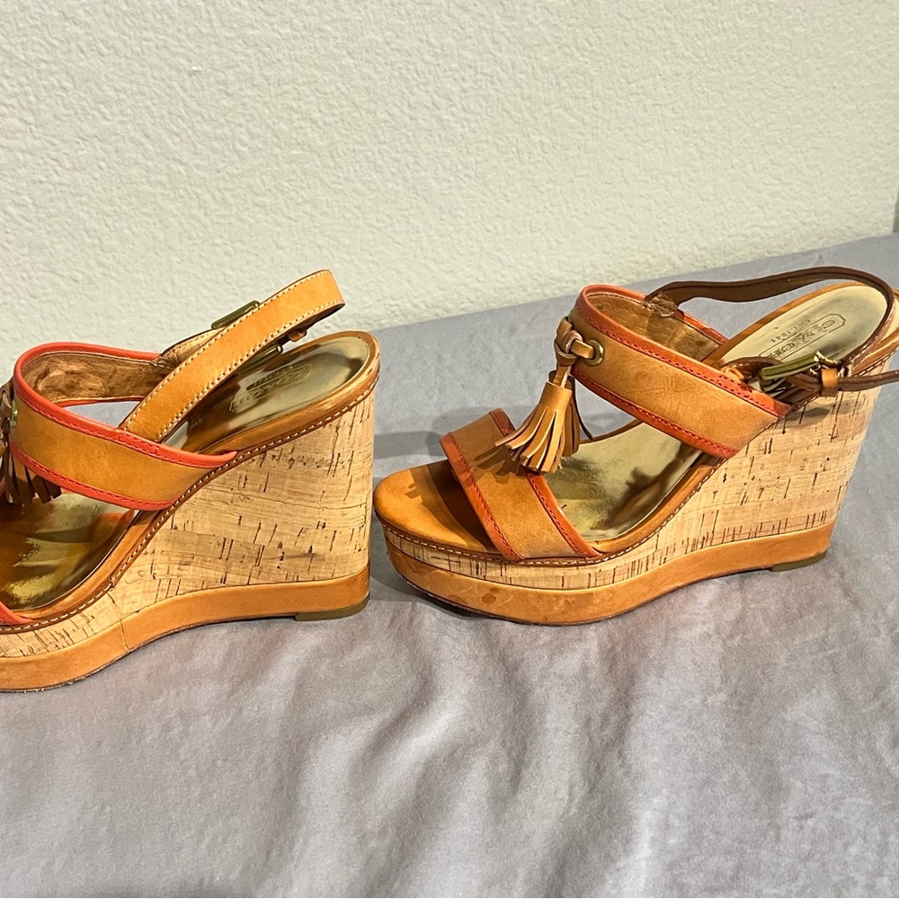 Coach Tan and Orange Leather Tassel Wedge Sandals - Picture 7 of 16